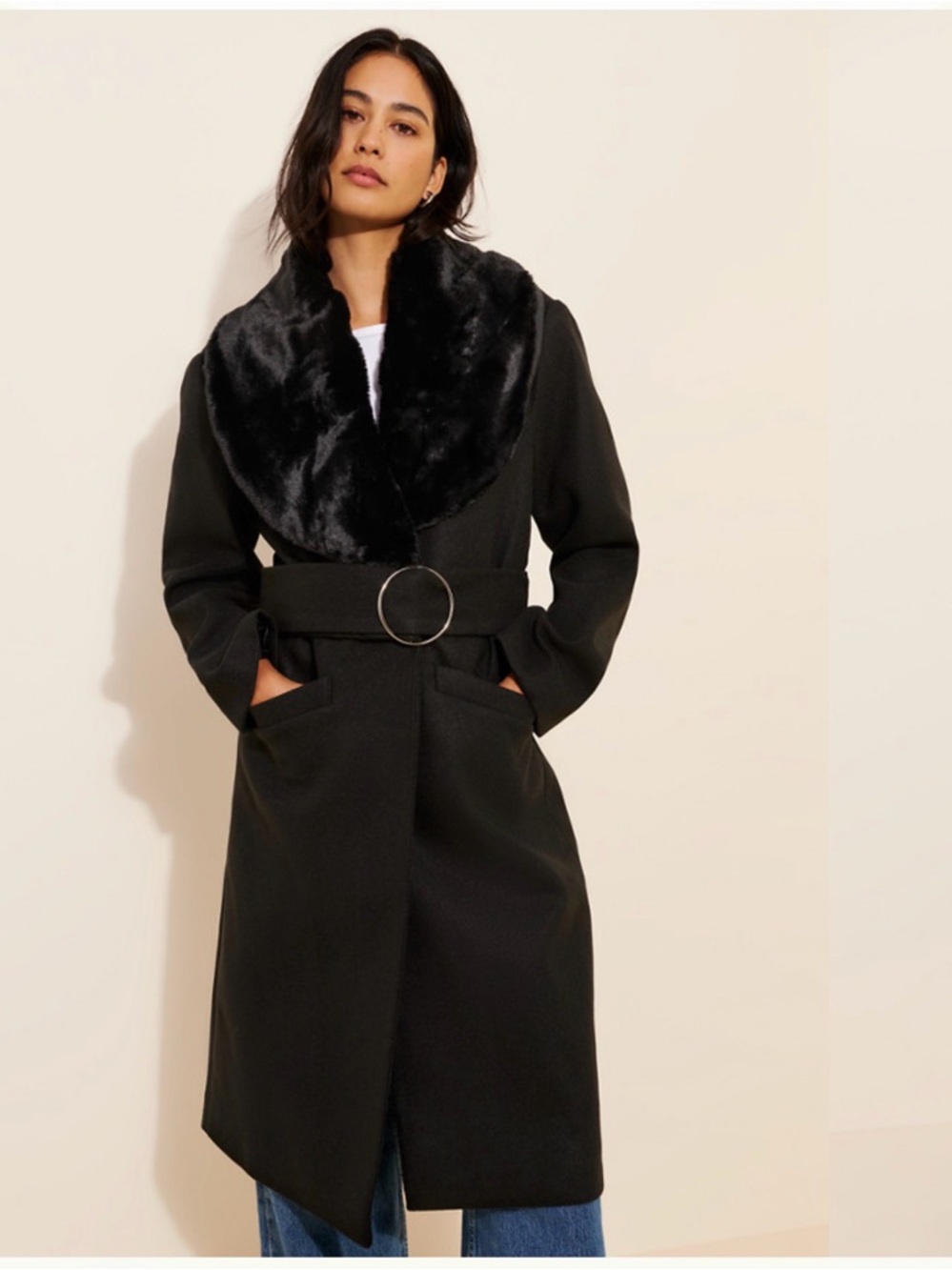 Black Faux-Fur Collar Wool-Blend Coat